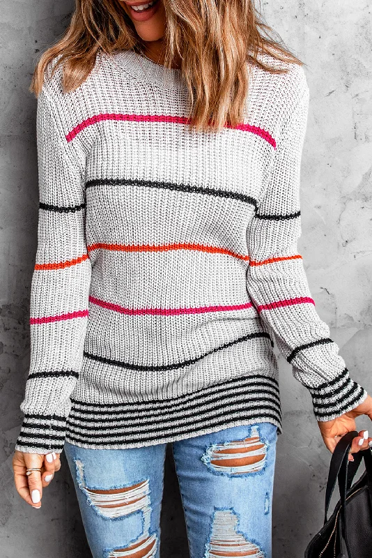 Super Deal Gray Ribbed Knit Striped Sweater
