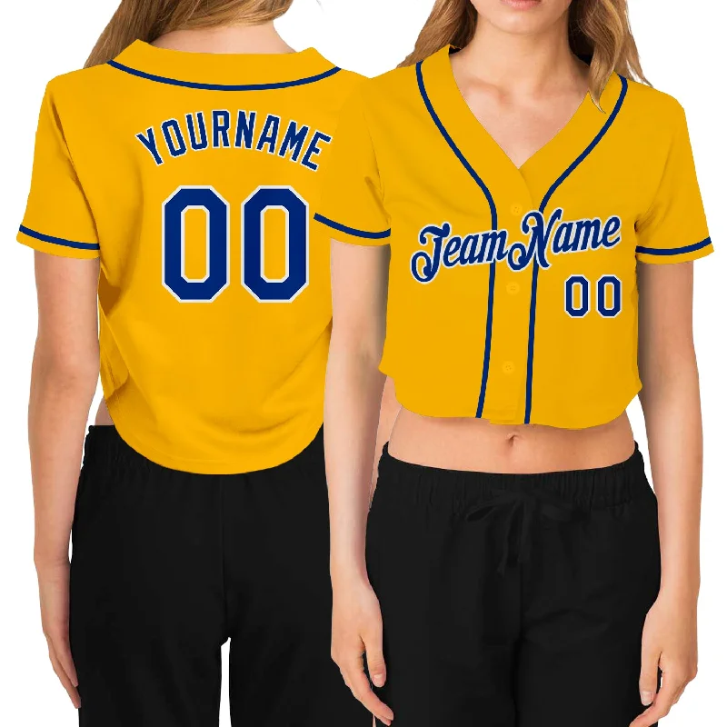 Super Deal Custom Women's Gold Royal-White V-Neck Cropped Baseball Jersey