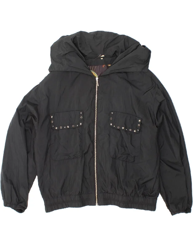 Lowest Price VINTAGE Womens Graphic Hooded Rain Jacket UK 20 2XL Black Polyamide