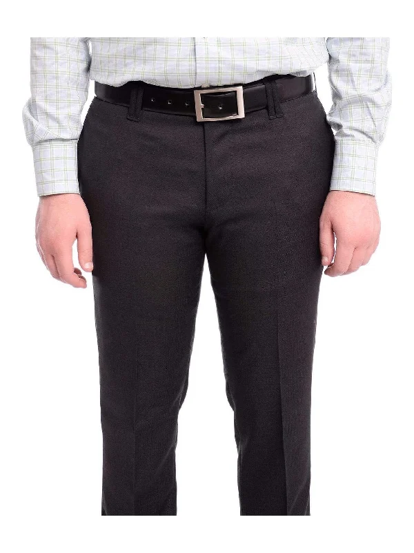 Napoli Slim Fit Black Textured Flat Front Wool Dress Pants