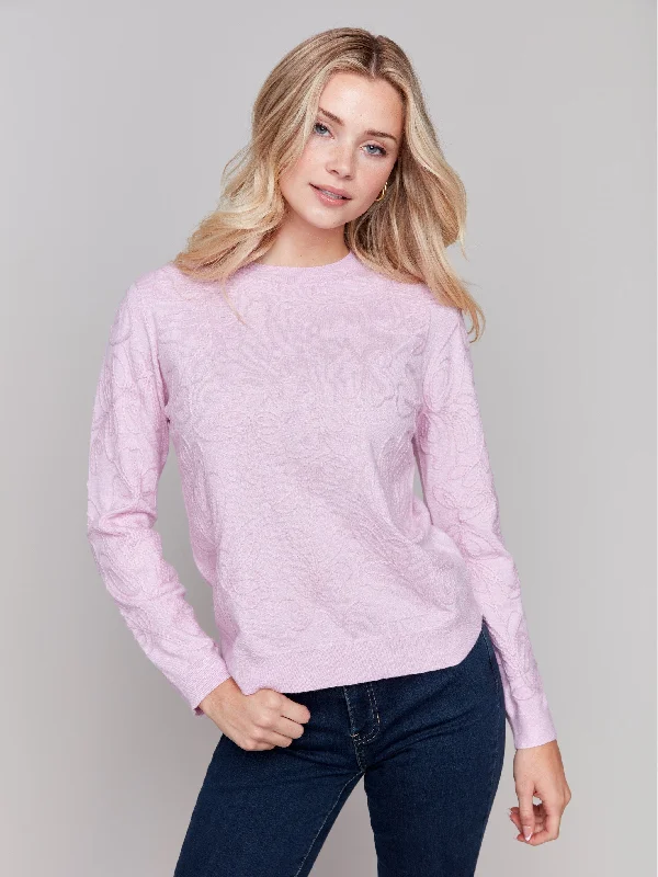 Weekend Bargains Just for You Embroidered Round Hem Sweater - Bubble Gum