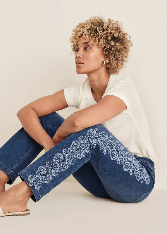 Anniversary Sale Side Embroidered Jeans  - Medium Wash