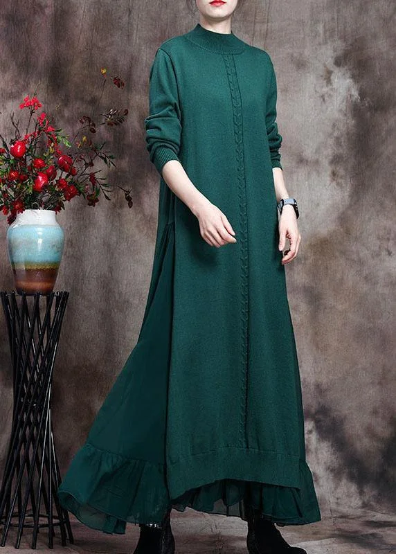 Weekend Specials to Delight Elegant Green Stand Collar asymmetrical design Fall Knit Sweater Dress