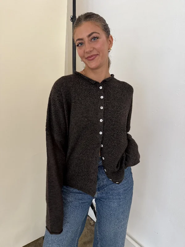 Stock Clearance Things Between Piper Knit Rolled Hem Button Cardigan (Brown)