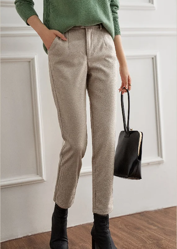 Savings Alert Fashion Beige Button Pockets Zippered Woolen Straight Pants Fall