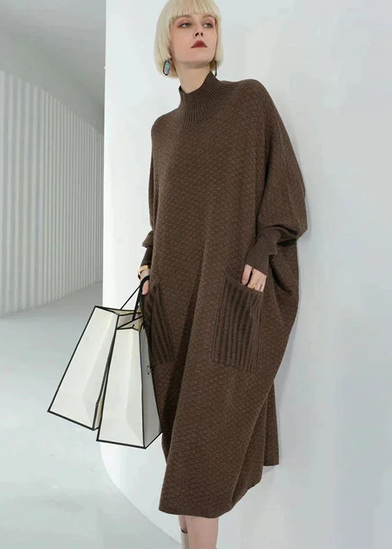 Unbeatable Prices Elegant Chocolate Turtle Neck Patchwork Pockets Wool Sweater Dress Long Sleeve