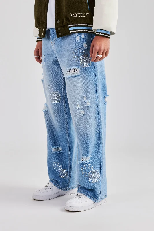 Rhinestone Motif Baggy Jean - Mid Blue