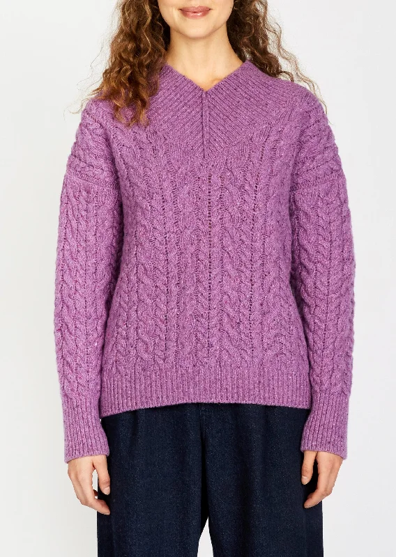 Crazy Deals IrelandsEye Cable V-neck Aran Sweater | Orchid