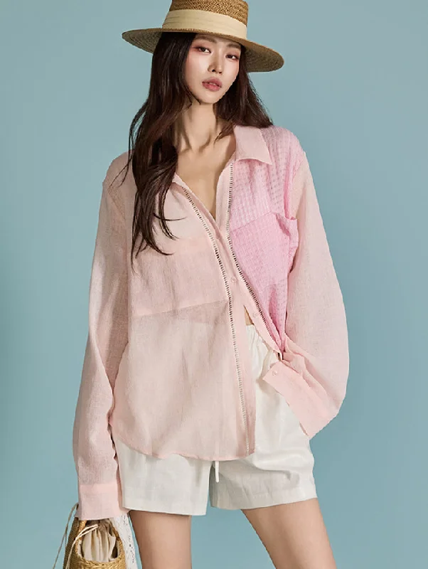 Deal Dash S647 Color Contrasting Sheer Shirt