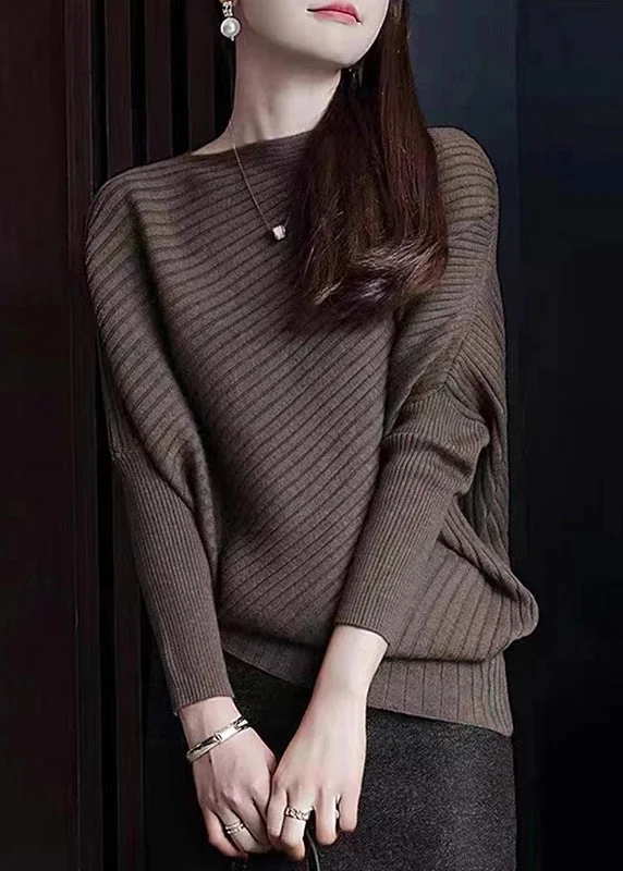 Weekend Discounts to Enjoy French Coffee Slash Neck Patchwork Knit Sweaters Batwing Sleeve
