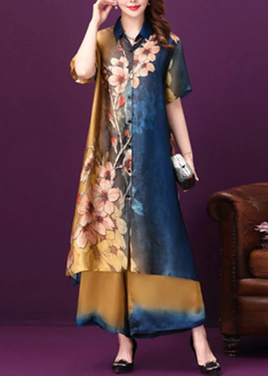 Weekend Discounts You Deserve Gradient Color Blue Side Open Button Silk Long Shirts And Wide Leg Pants Half Sleeve