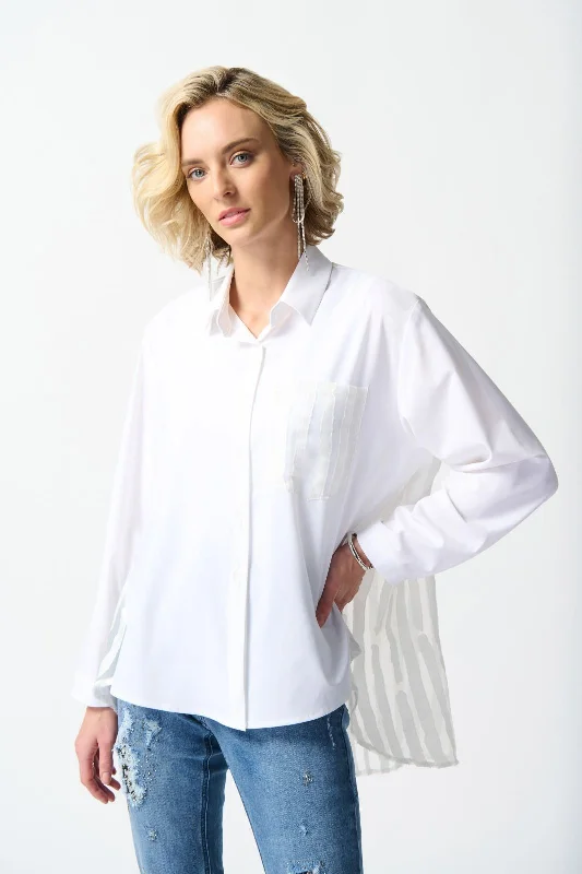 Weekend Savings Fiesta Joseph Ribkoff White Sheer Organza Back Button-Down Hi-Low Blouse 242091