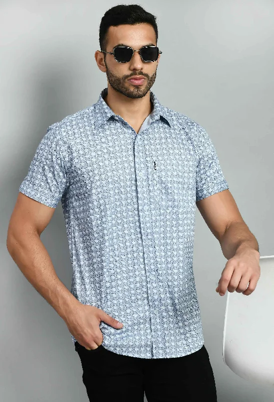 Men's Printed Sky Blue Short Sleeve Shirt