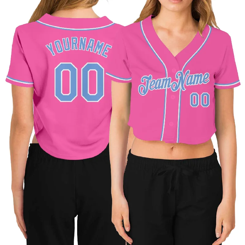 Flash Deals Custom Women's Pink Light Blue-White V-Neck Cropped Baseball Jersey