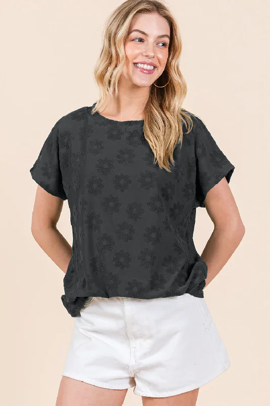 Weekend Specials to Cherish BOMBOM Textured Floral Pattern Short Sleeve T-Shirt