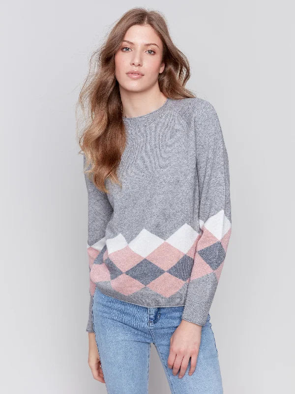 Massive Deals Jacquard Knit Argyle Sweater - Grey