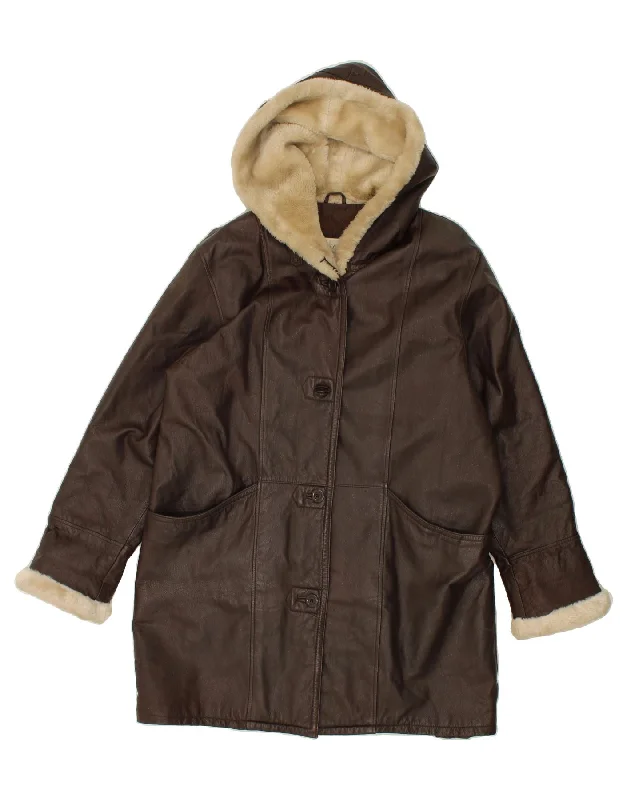 Weekend Deals That Dazzle VINTAGE Womens Hooded Leather Coat UK 14 Medium Brown Leather
