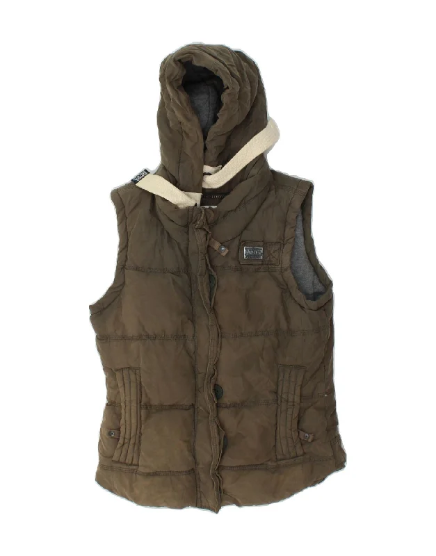 Buy Today SUPERDRY Womens Hooded Padded Gilet UK 12 Medium Khaki Polyester