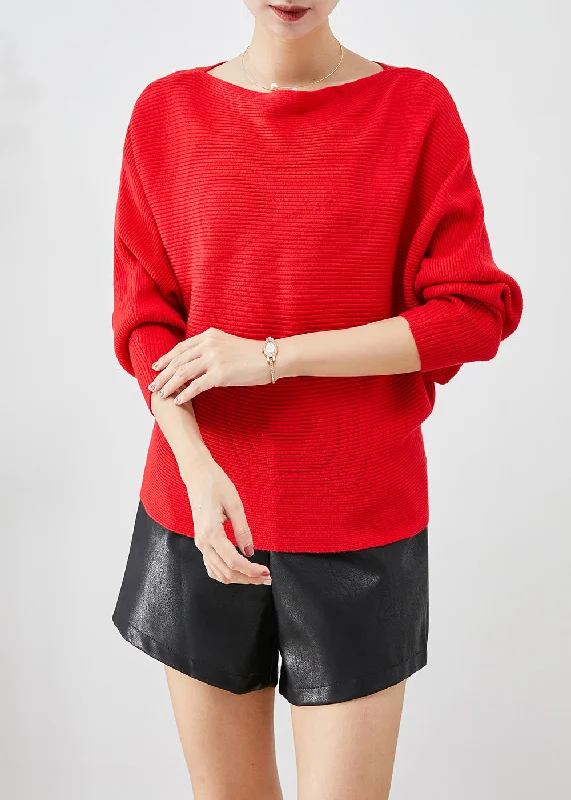 Best Deals Fine Red Slash Neck Oversized Knit Sweater Tops Batwing Sleeve