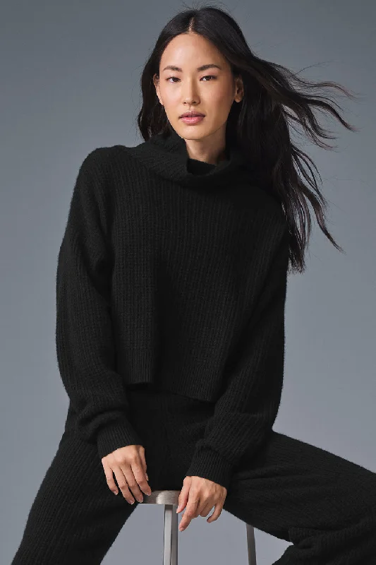 Weekend Deals You Can't Resist Cashmere Plush Waffle Turtleneck Pullover - Black