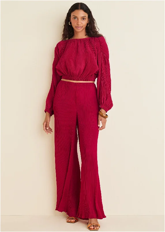 Pay Less Plisse Wide Leg Pants - Red