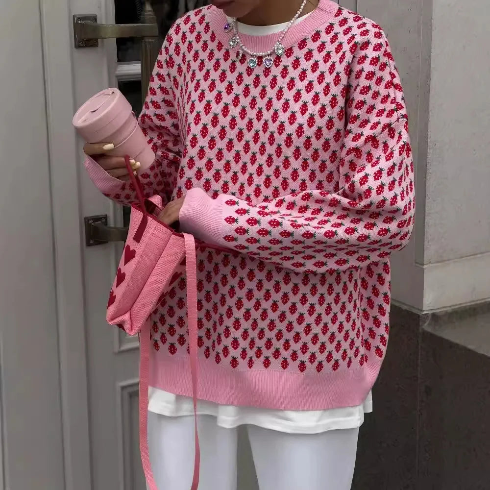 Weekend Offers That Shine Sweetness Cute Pink O-neck Knit Pullover Women Clothing Trend Strawberry Jacquard Long Sleeve Sweater