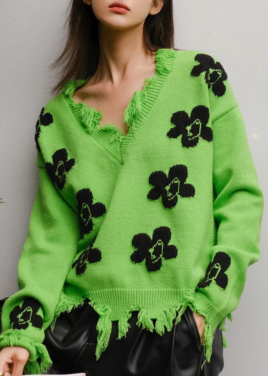 Weekend Savings Spree Green V Neck Print Thick Knit Sweater Fall