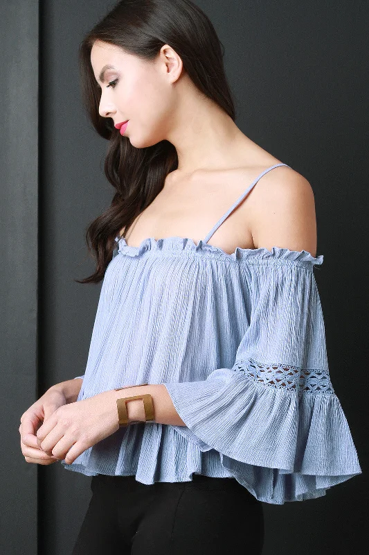 Weekend Deals That Dazzle Crinkle Cold Shoulder Lace Inset Ruffle Blouse Top