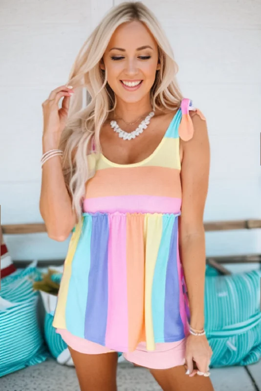 Flash Deal Striped Tie Shoulder Frill Trim Tank