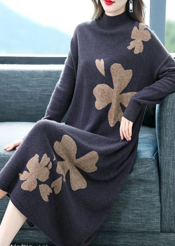 Weekend Steals Await DIY Purple Stand Collar Embroideried Knit Cashmere Sweater Dress Long Sleeve