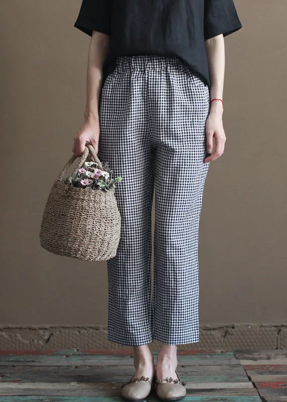 Weekend Deals That Impress Handmade Black White Plaid Elastic Waist Pockets Linen Crop Pants Summer