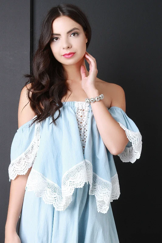 Weekend Deals That Thrill Crochet Accent Chambray Bardot Top