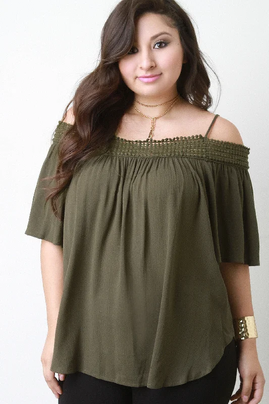 Amazing Deals Crochet Trim Cold Shoulder Flowy Top