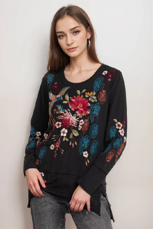 Last Chance Johnny Was Ashira Raw Seam Long Sleeve Tee J10823 Boho Chic *
