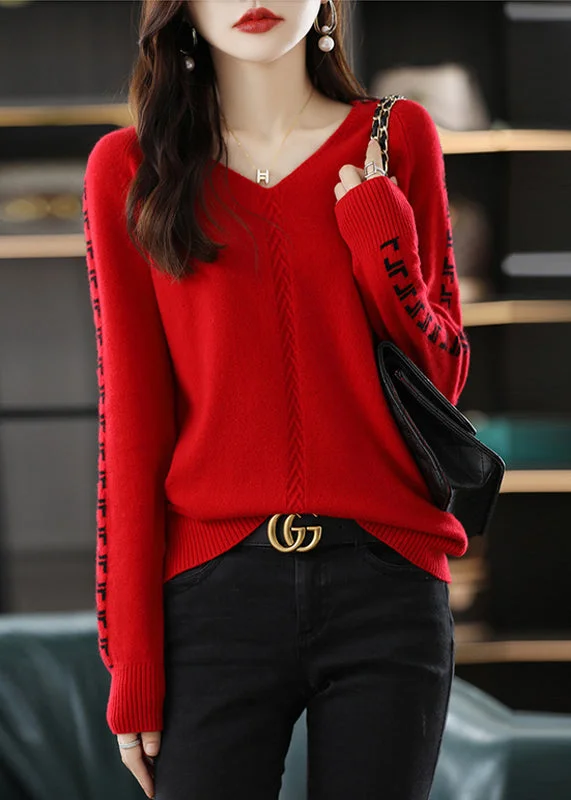 Weekend Deal Handmade Red V Neck Jacquard Patchwork Woolen Sweaters Fall