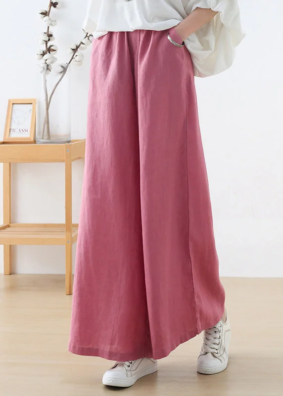 New Deals Elegant Pink Elastic Waist Pockets Linen Wide Leg Pants Fall