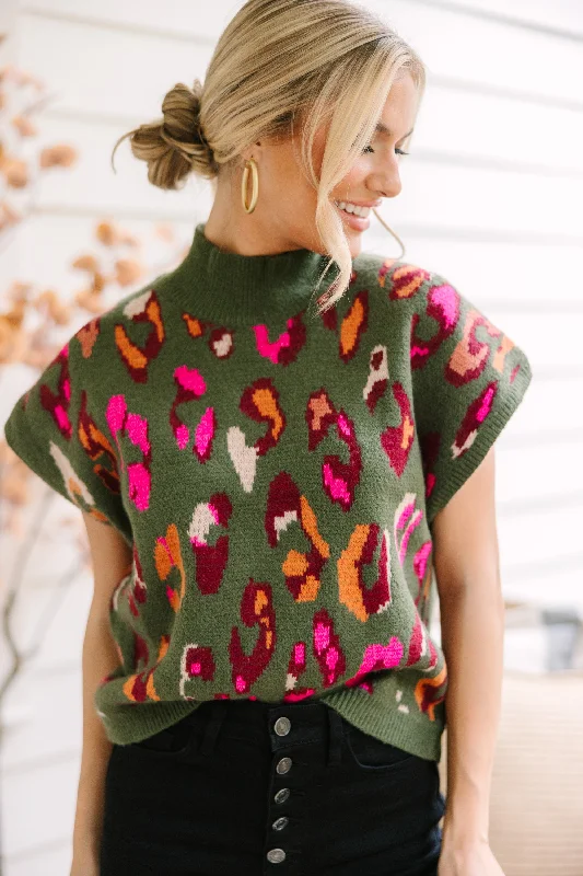 Deal Dash Being Bold Olive Leopard Print Mock Neck Sweater