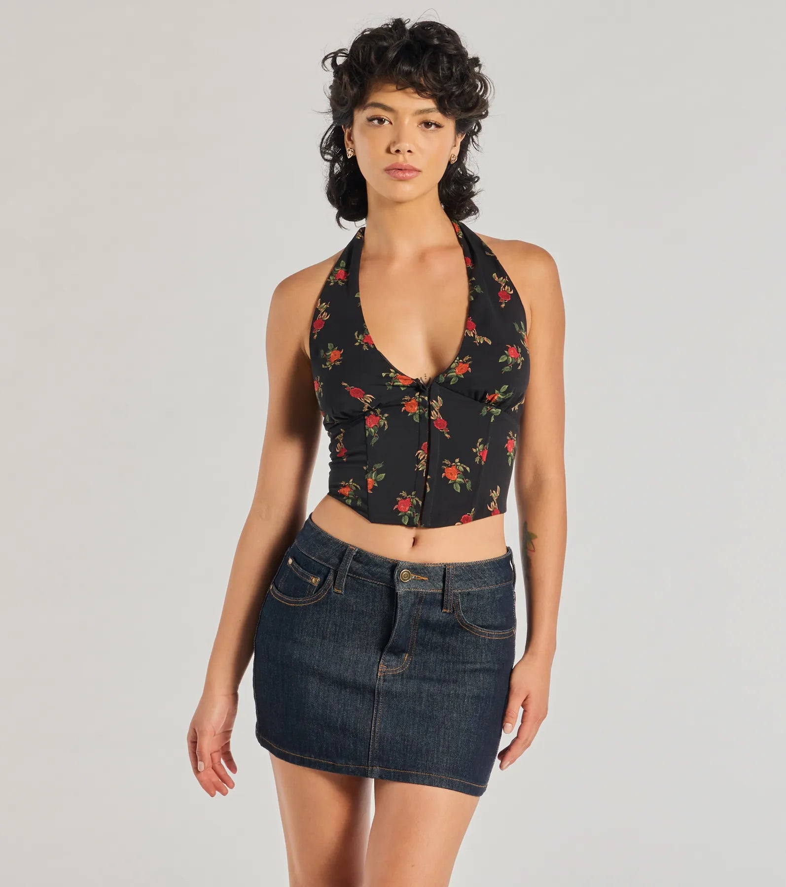 Bargain Bin Charming Ditsy Rose Lace-Up Halter Corset Top
