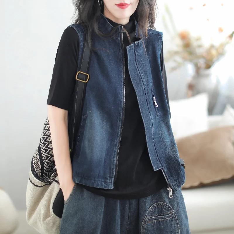 Act Now Women Loose Cotton Patchwork Denim Vest