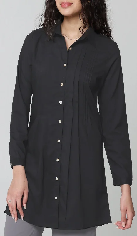 Daily Deals Hanane Pleated Mostly Cotton Button Down Tunic Dress - Black
