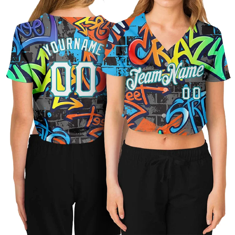 Mega Sale Custom Women's Graffiti Pattern White-Aqua Geometric 3D V-Neck Cropped Baseball Jersey