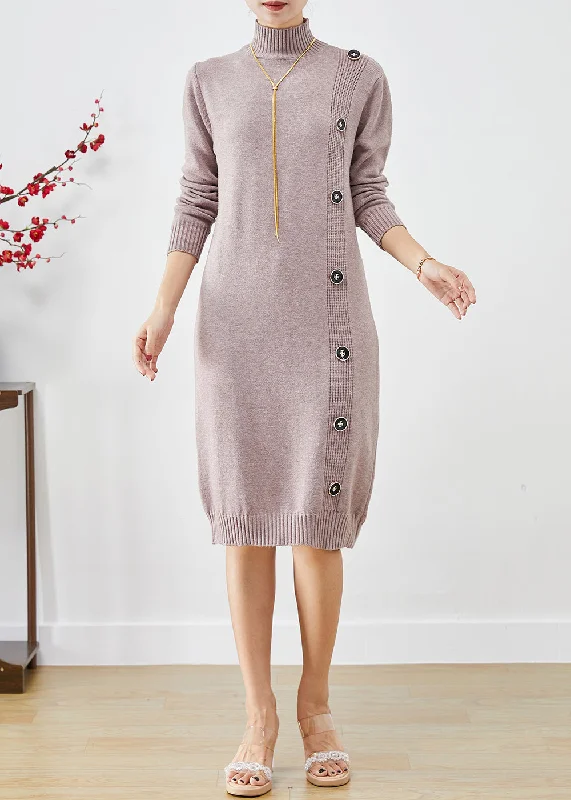 Weekend Shopping Made Better Elegant Light Purple High Neck Button Knit Sweater Dress Fall
