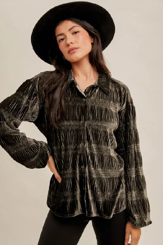 Weekend Savings Spectacle Smocked Velvet Textured Button Down Shirt