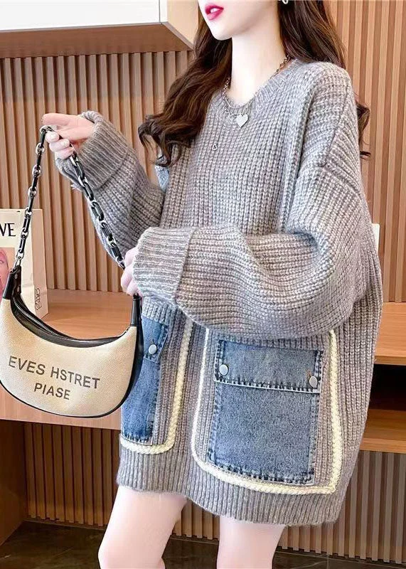 Limited Quantity French Grey O-Neck Oversized Lazy Patchwork Pockets Knit Sweater Tops Winter