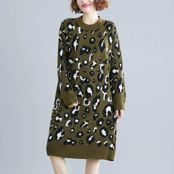 Limited Availability long sleeve plus size knitted leopard women casual loose midi autumn winter sweater elegant dress clothes