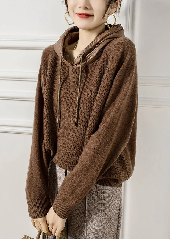 Weekend Deals That Please French Coffee Hooded Patchwork Wool Knit Sweaters Fall