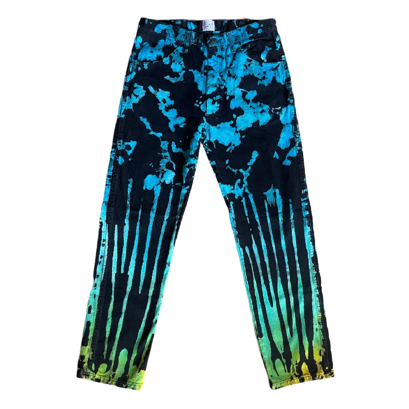 Black Tie Dye Denim Pants (Splotch/Stripes Turqouise, Green, and Yellow)