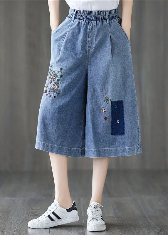 Hurry In Elegant Denim Blue Elastic Waist Embroideried Cotton Wide Leg Pants Summer
