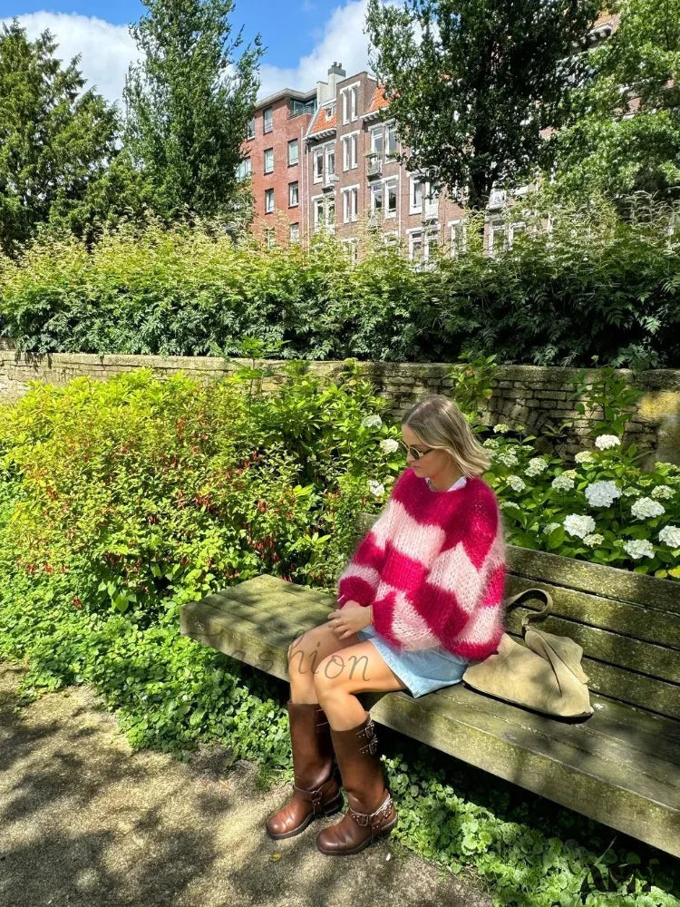 Big Discounts Elegant Colorful Striped Knitted Pullover Women Casual O Neck Long Sleeve 2024 New Stylish Sweater
