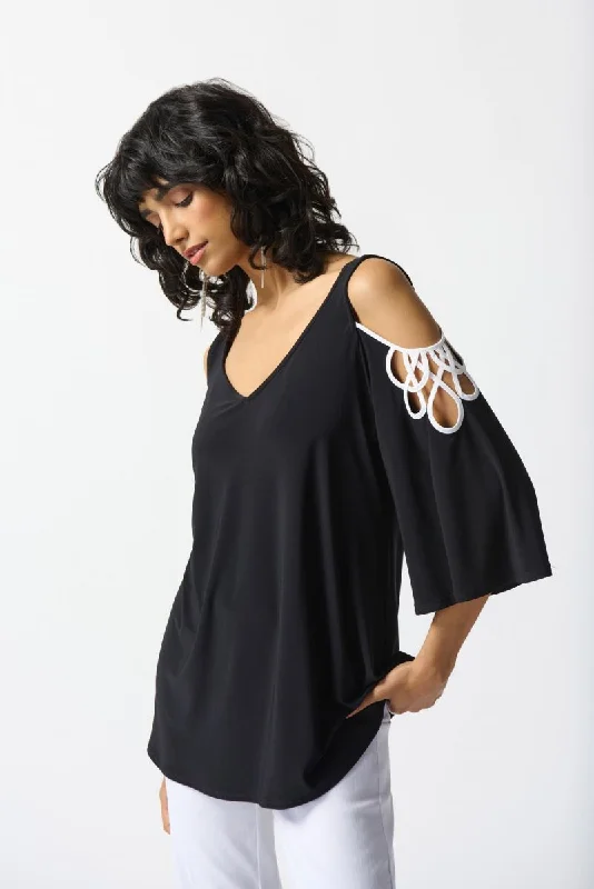 Now or Never Joseph Ribkoff Black/Off-White Contrast Trim Cutout Cold Shoulder Sleeve Top 242017